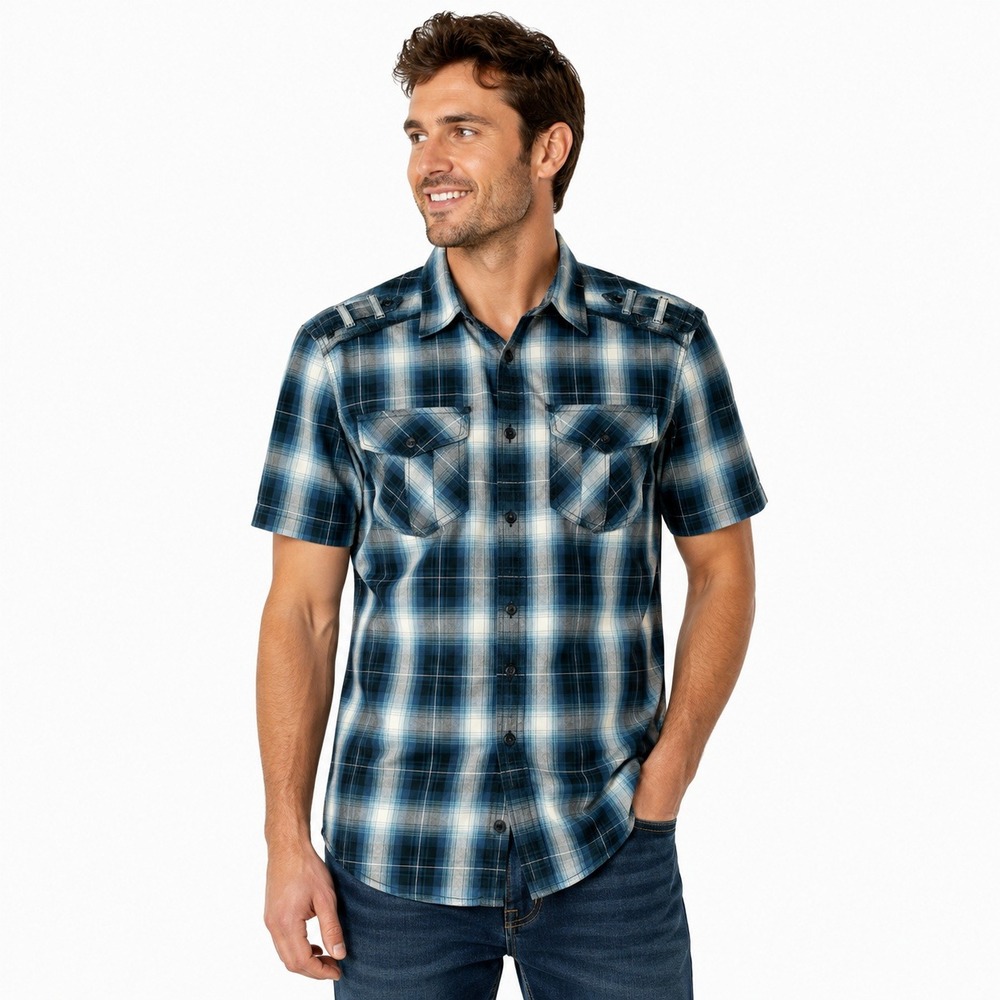 Helix Button Down Shirt Men Small Blue Plaid Athletic Fit Epaulettes ShortSleeve